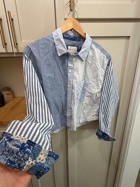 American Eagle Outfitters Blue Patchwork Striped Button-Down Shirt